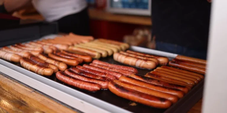 Delicious variety of sausages grilling on a flat top at a barbecue stand