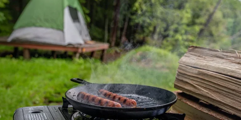 Sausages grilling on a stovetop at a campsite with a tent in the background