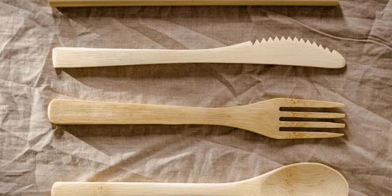 Close-up of reusable wooden utensils including spoon, fork, knife, and straw on linen fabric