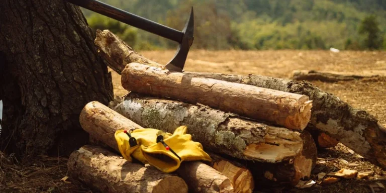 Axe lodged in tree stump beside chopped firewood and gloves in a forest setting