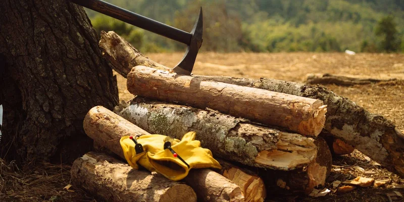 Axe lodged in tree stump beside chopped firewood and gloves in a forest setting