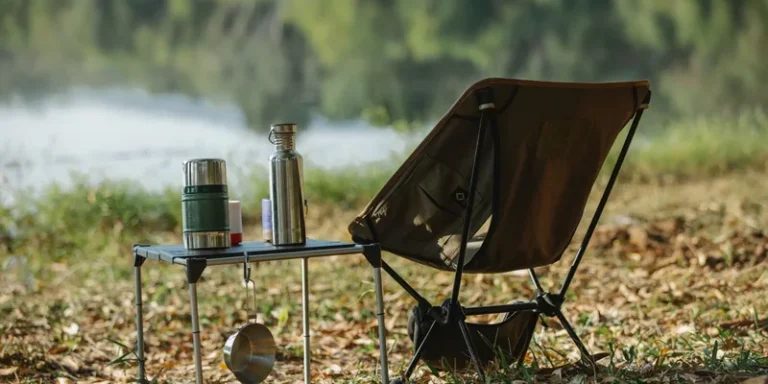 A peaceful lakeside campsite with a folding chair, table, thermoses, and saucepan