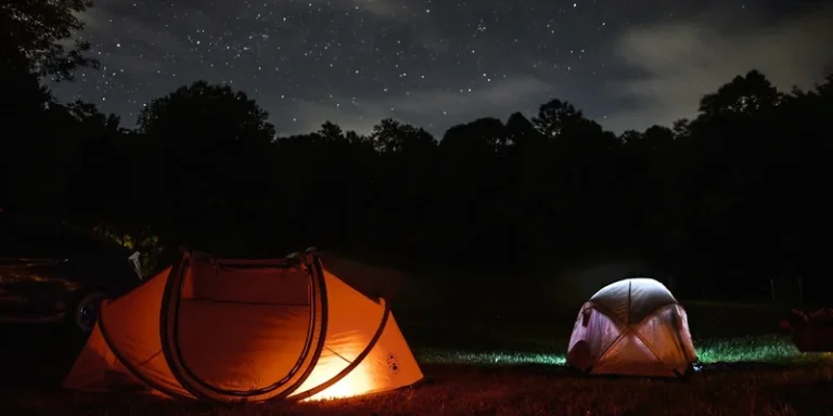 A serene night camping scene with glowing tents under a starlit sky