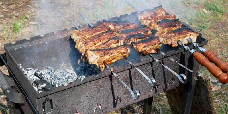 Delicious grilled kebabs cooking on a charcoal barbecue grill outdoors in summer