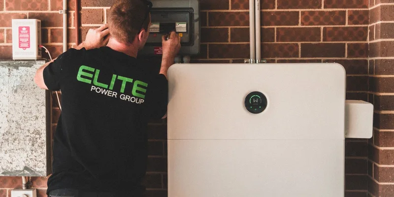Electrician installing a home energy battery storage unit. Renewable and sustainable energy solution for
