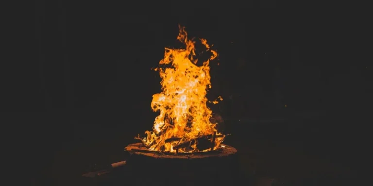 A lively campfire casting warm flames on a dark starry night