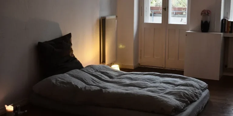 A serene bedroom ambiance with a mattress on the floor and glowing candlelight