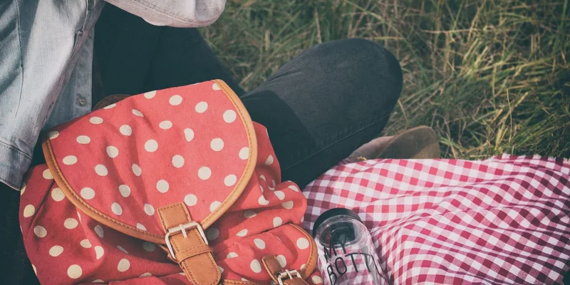 Charming outdoor picnic setup with a red polka dot bag and checkered blanket on the grass