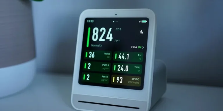 Close-up of a digital air quality monitor displaying CO2, PM2.5, and temperature readings