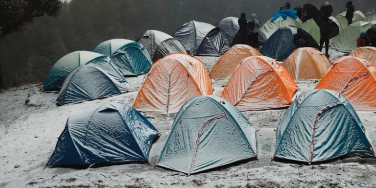A vibrant campsite with colorful tents in a snowy forest in Singtur Range, India